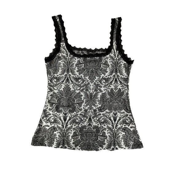 Gothic Tank Top Black & Gray Damask Lace Trim Elegant Whimsigoth Witchy Grunge - Picture 2 of 6